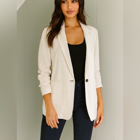 DREW Jackets & Blazers - Drew Narrow Stripe Linen Blend Blazer White Lightweight Jacket Medium NWT